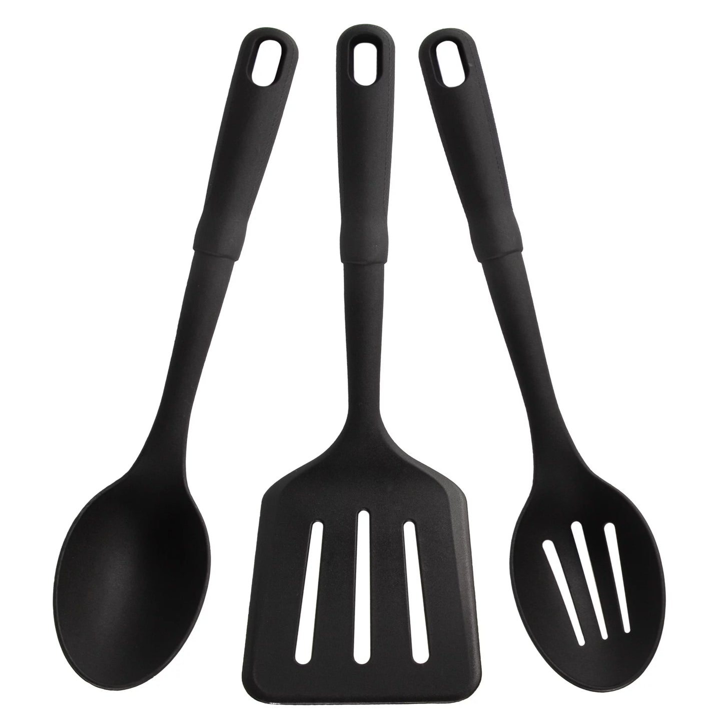 3-piece kitchen utensil set. slotted spatula. slotted spoon and solid spoon. black. nylon