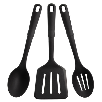 3-piece kitchen utensil set. slotted spatula. slotted spoon and solid spoon. black. nylon