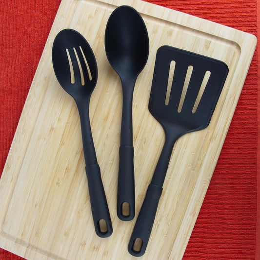 3-piece kitchen utensil set. slotted spatula. slotted spoon and solid spoon. black. nylon